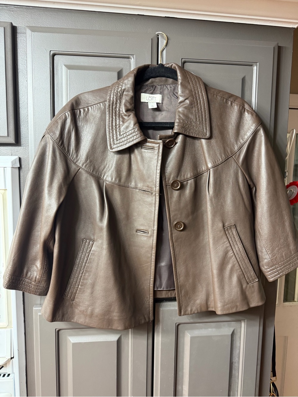 LOFT Chocolate Brown Leather Short Jacket with Button Front